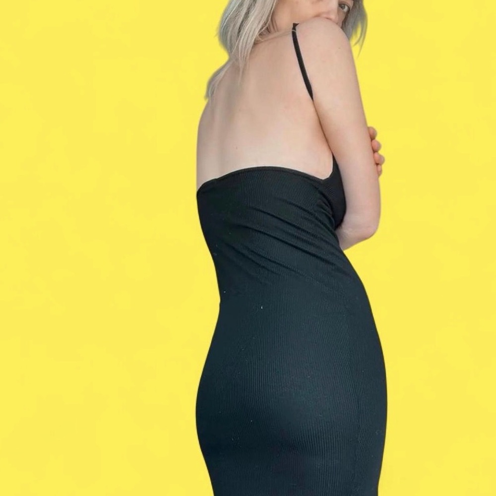 Open Back Black Ribbed Dress with Spaghetti Straps